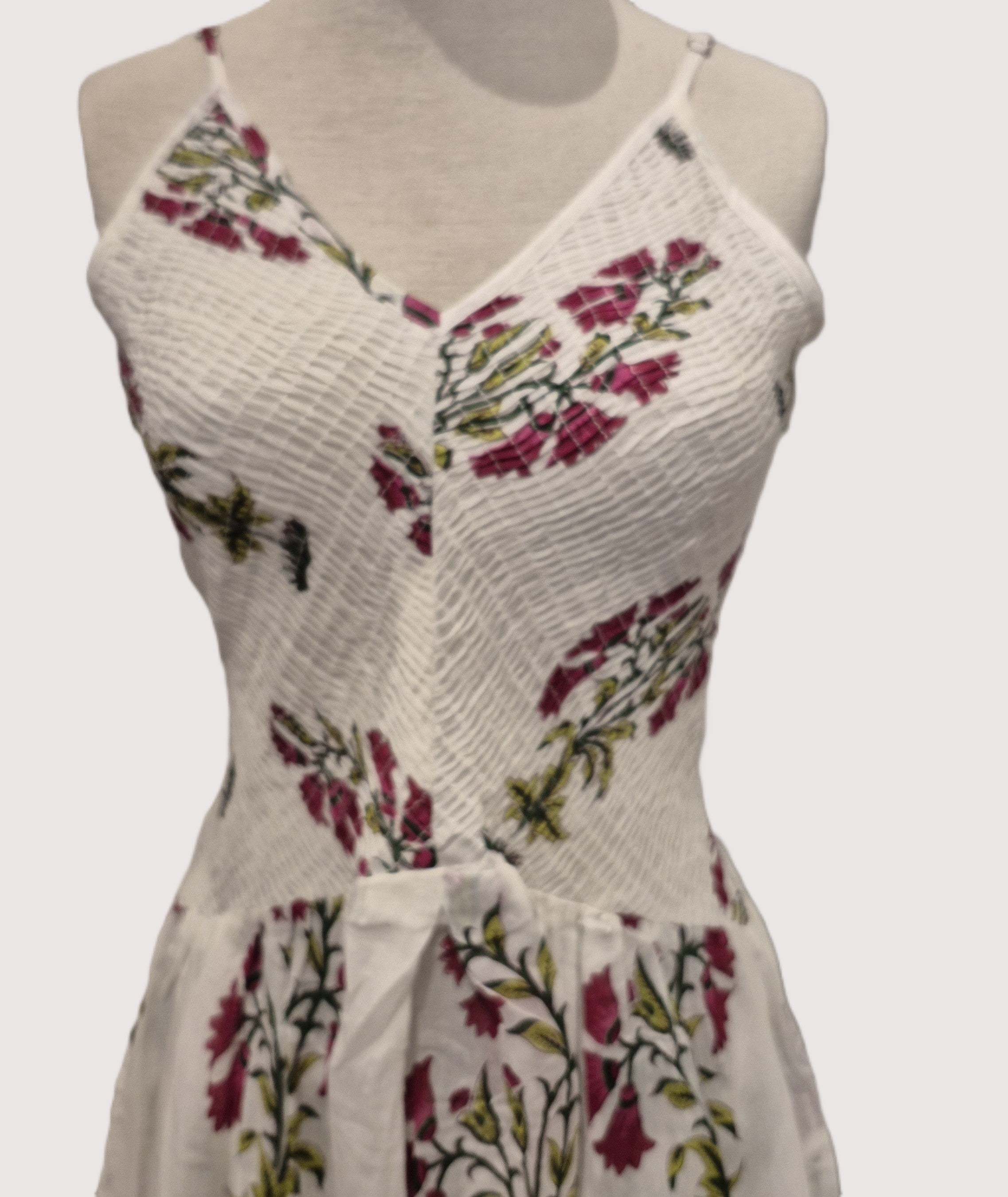 Block printed cotton sundress with elasticated V neck bodice, adjustable straps and calf length skirt, size S