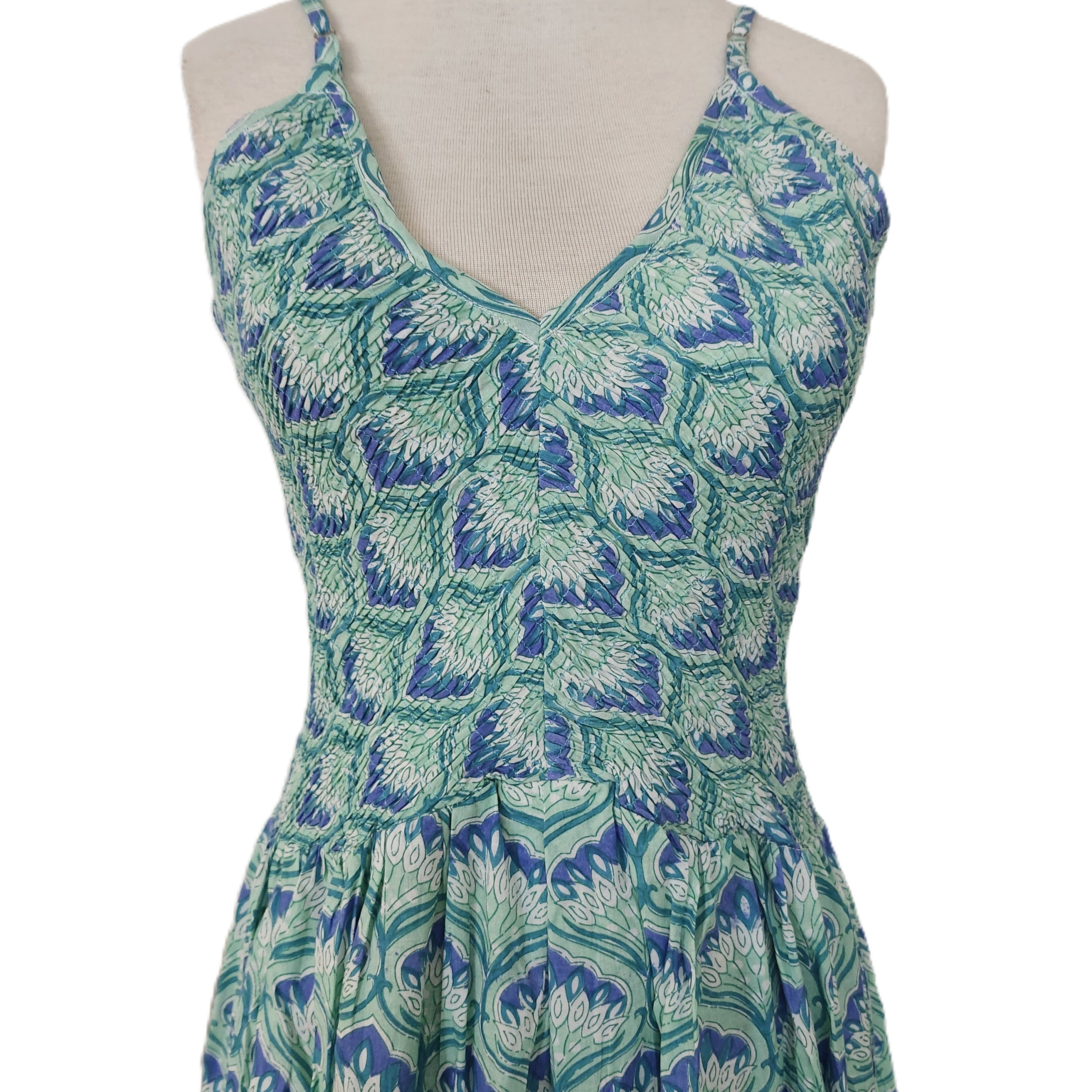 Block printed cotton sundress with adjustable straps, assorted print