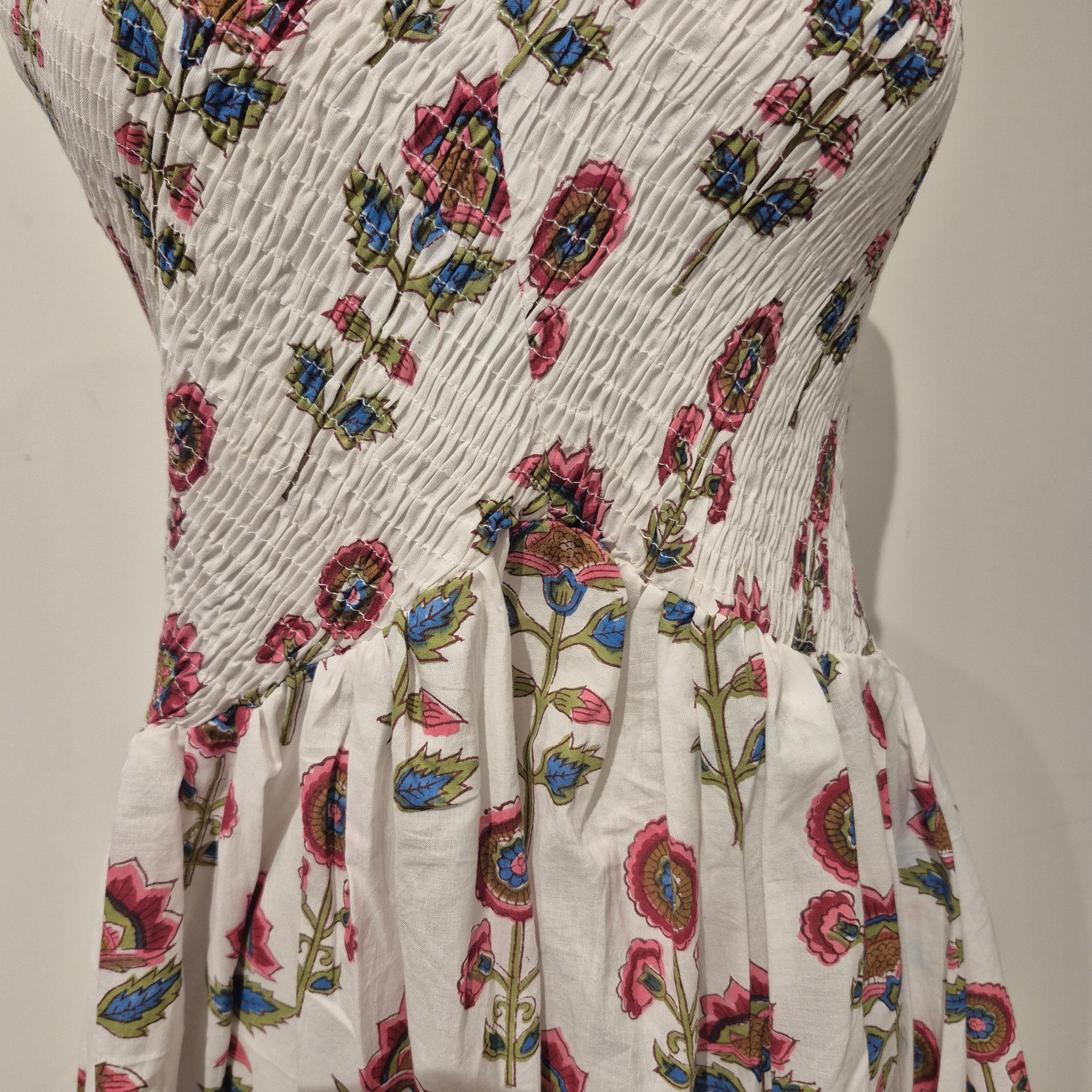 Block printed cotton sundress, elasticated bodice, assorted print