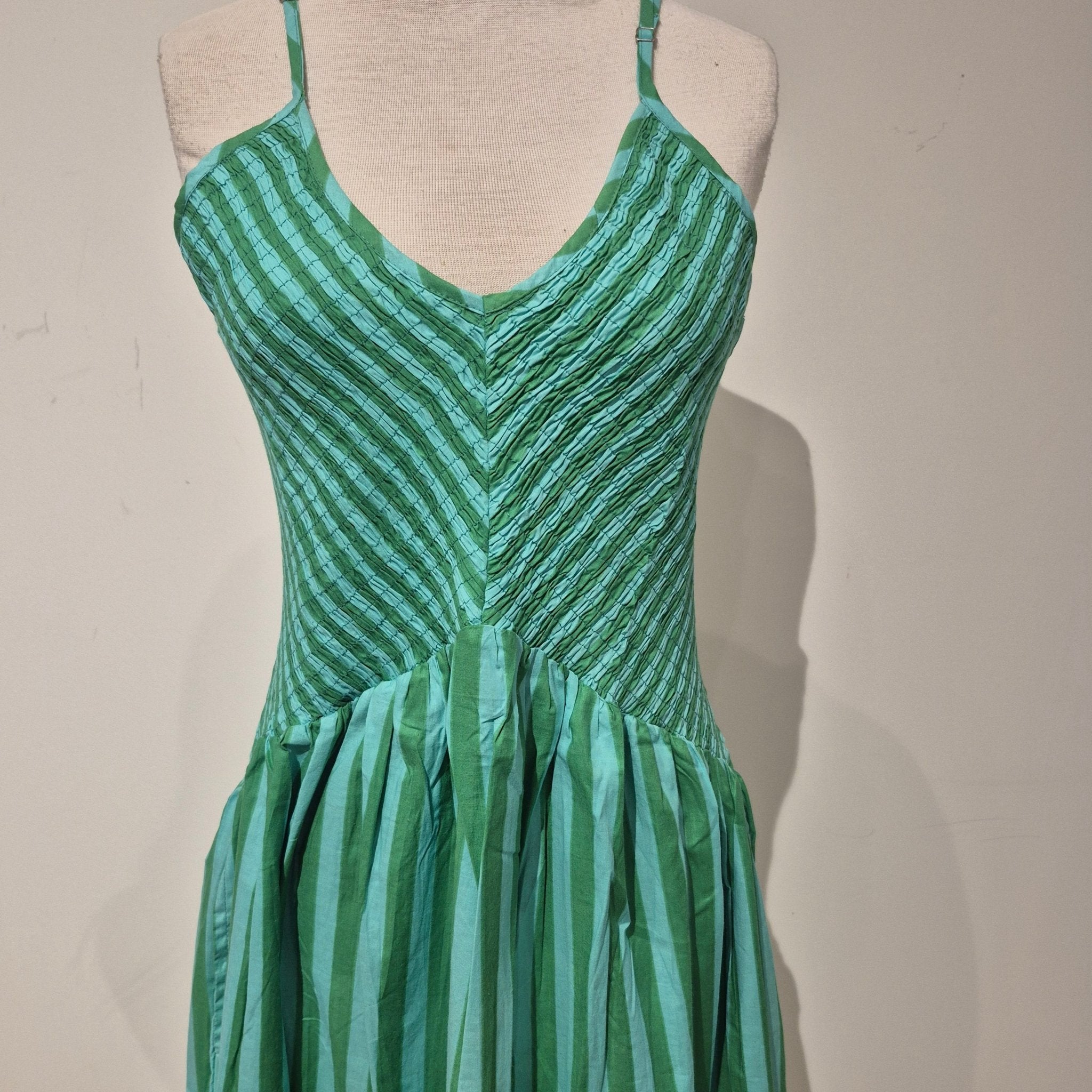 Turquoise and green striped cotton sundress with elasticated bodice