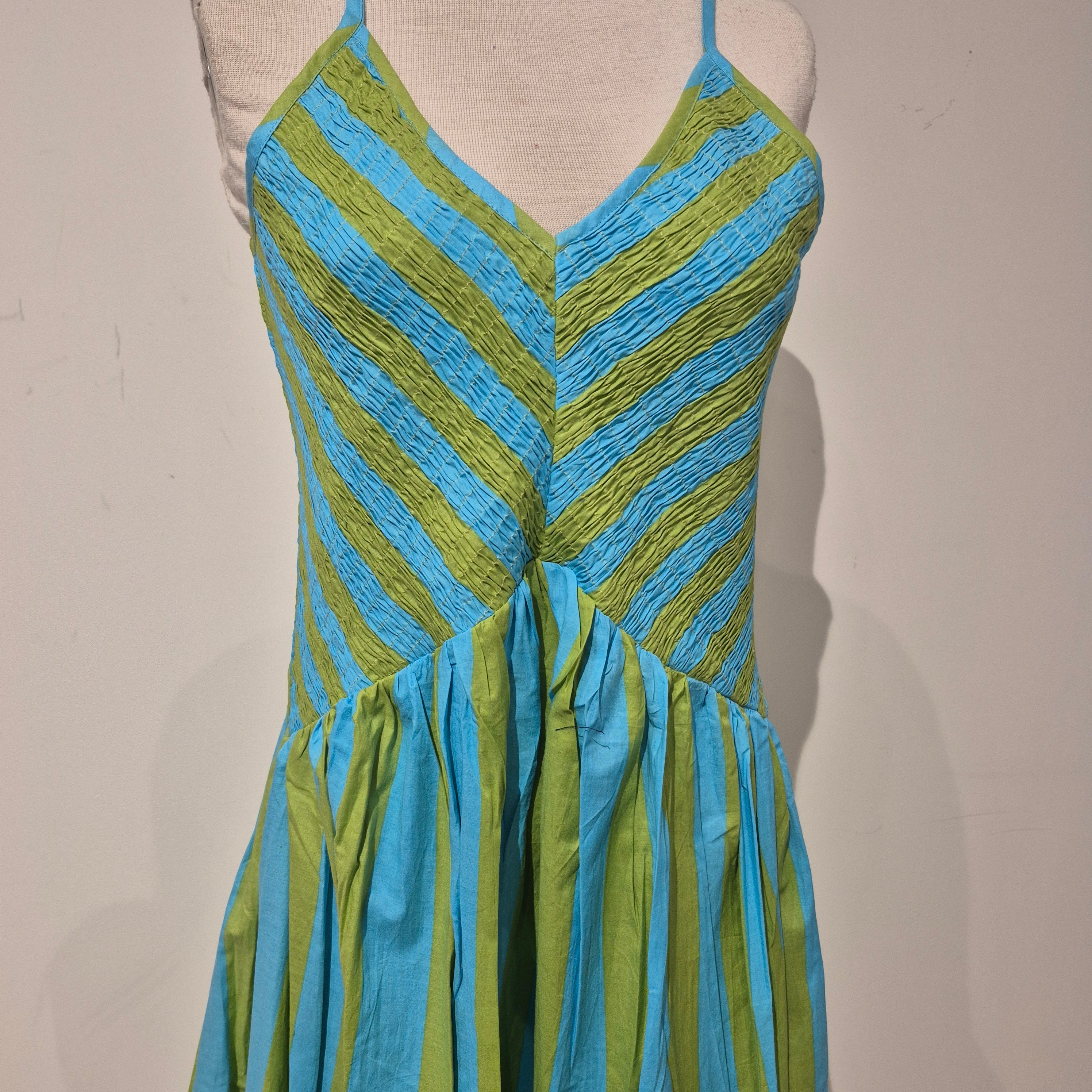 Sky and green striped cotton sundress with elasticated bodice