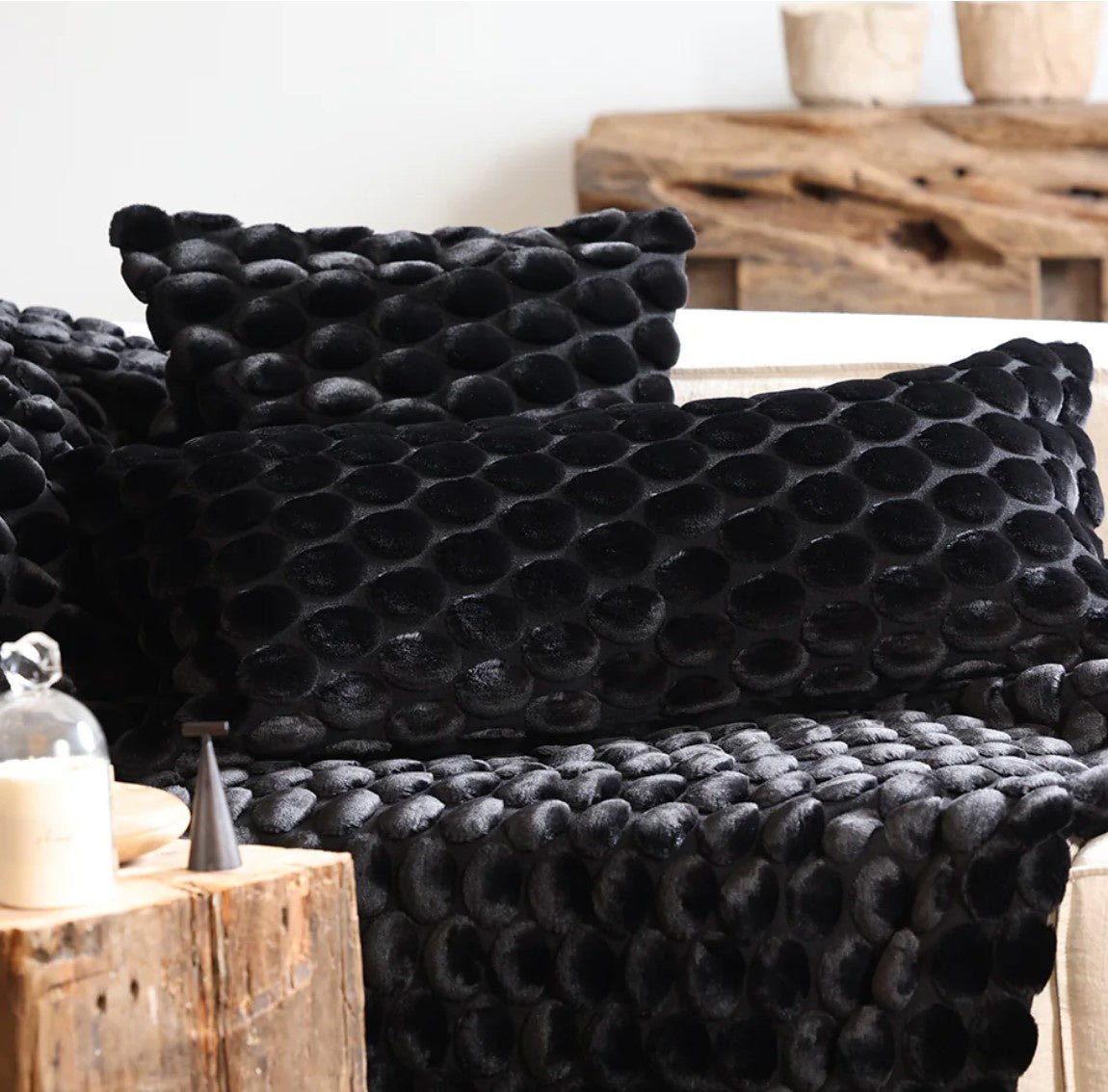 Egg Velvet Cushion in black by Ceannis, 50 x 50 cm or 40 x 90 cm, eggshell-pattern front with cotton velvet back