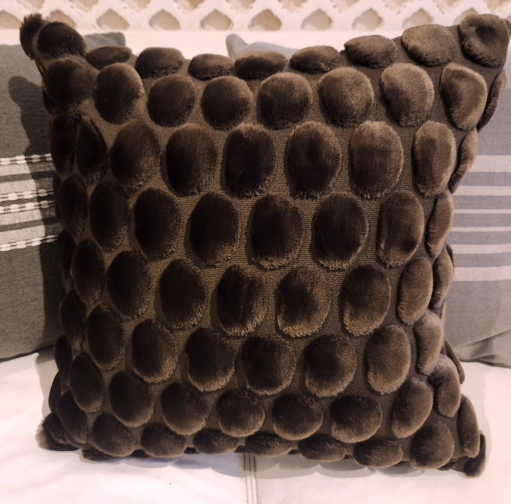 Egg Velvet Cushion in chocolate by Ceannis, 50 x 50 cm, eggshell-pattern front with cotton velvet back