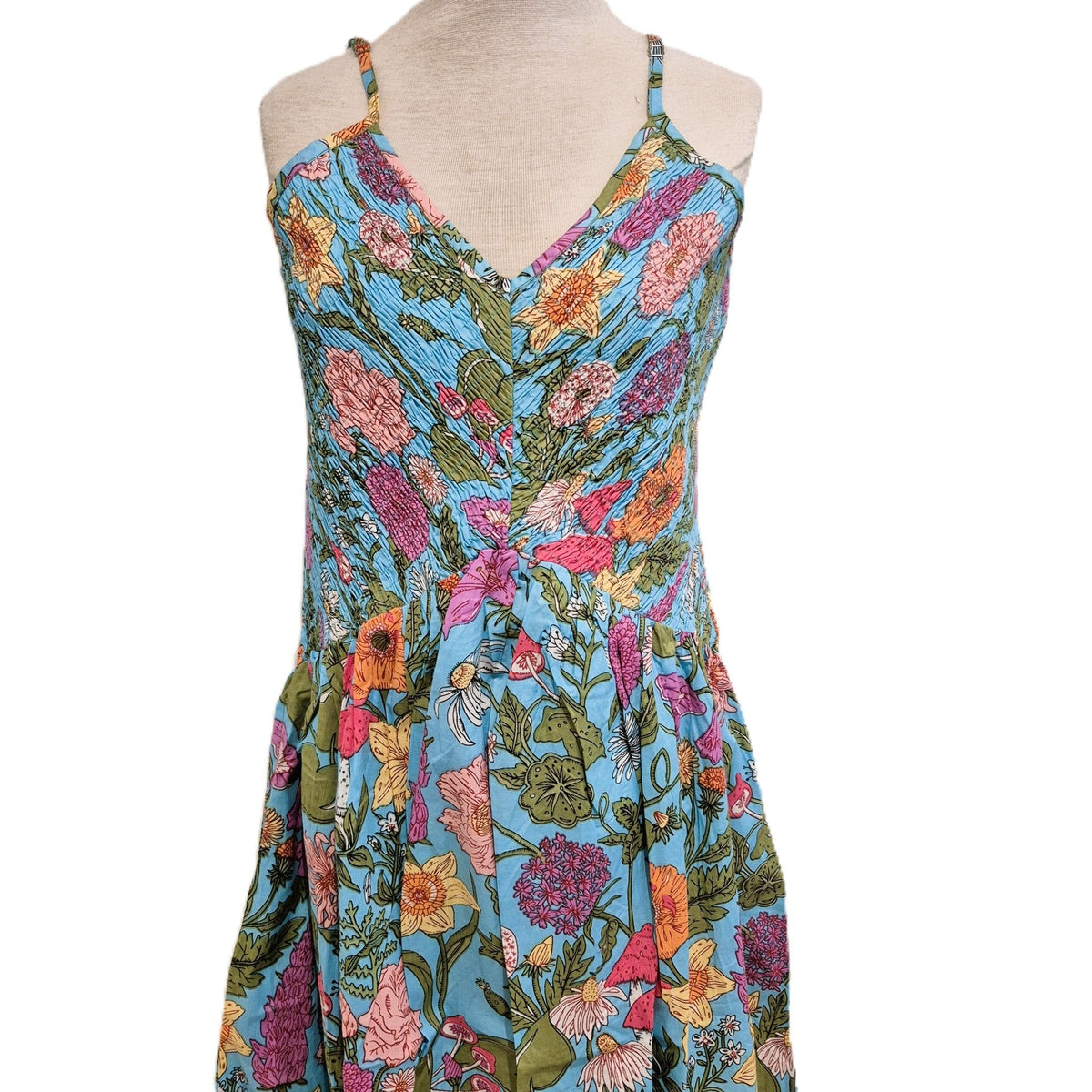 Spring block print sundress in cambric cotton, elasticated bodice with adjustable straps, size small