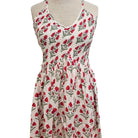Tulip print cambric cotton sundress with an elasticated bodice, V neck and back, and a calf length skirt