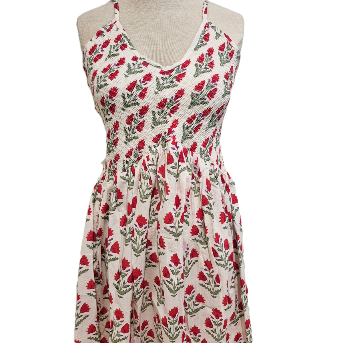 Tulip print cambric cotton sundress with an elasticated bodice, V neck and back, and a calf length skirt