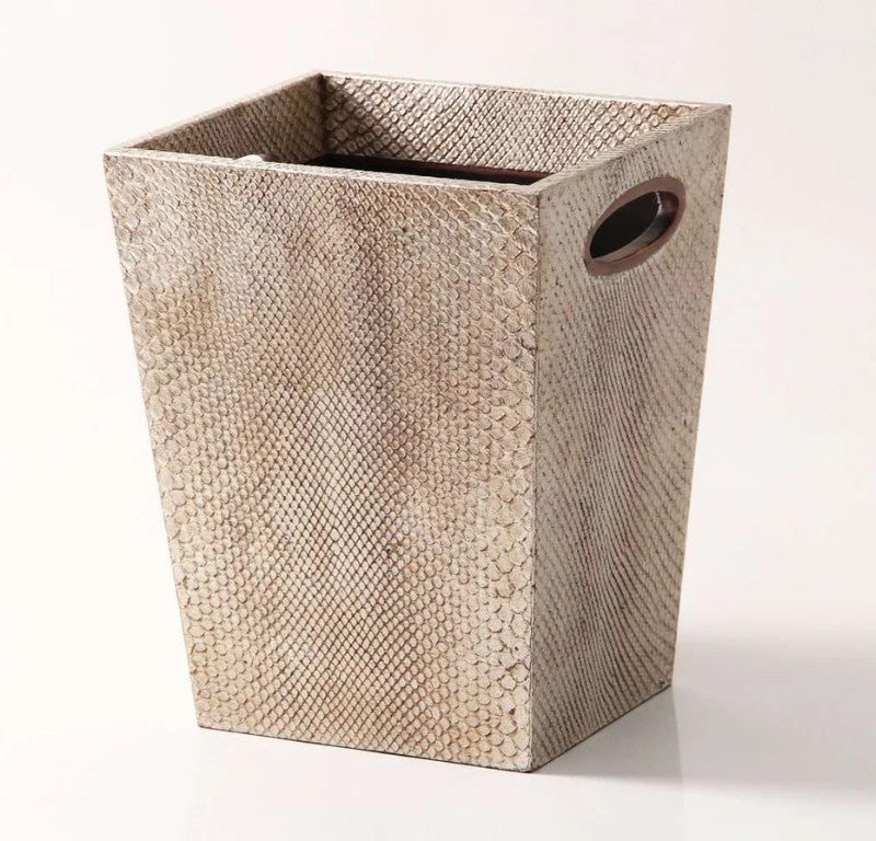 Boa faux skin waste paper bin in antique silver with walnut trim, 23 x 23 x 27cm