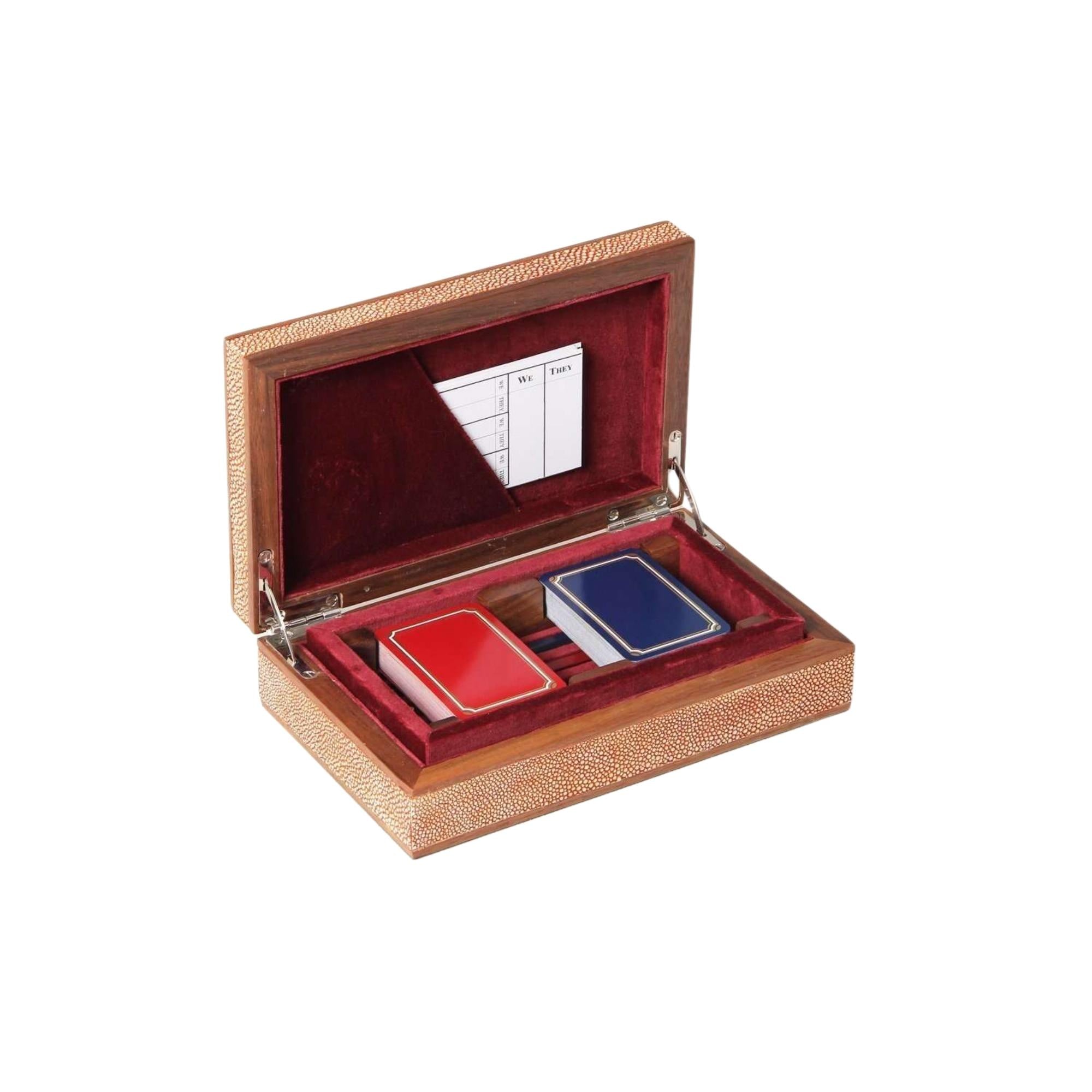 Faux shagreen bridge set in coral with walnut trim, 24 x 15 x 7 cm, Forwood Design