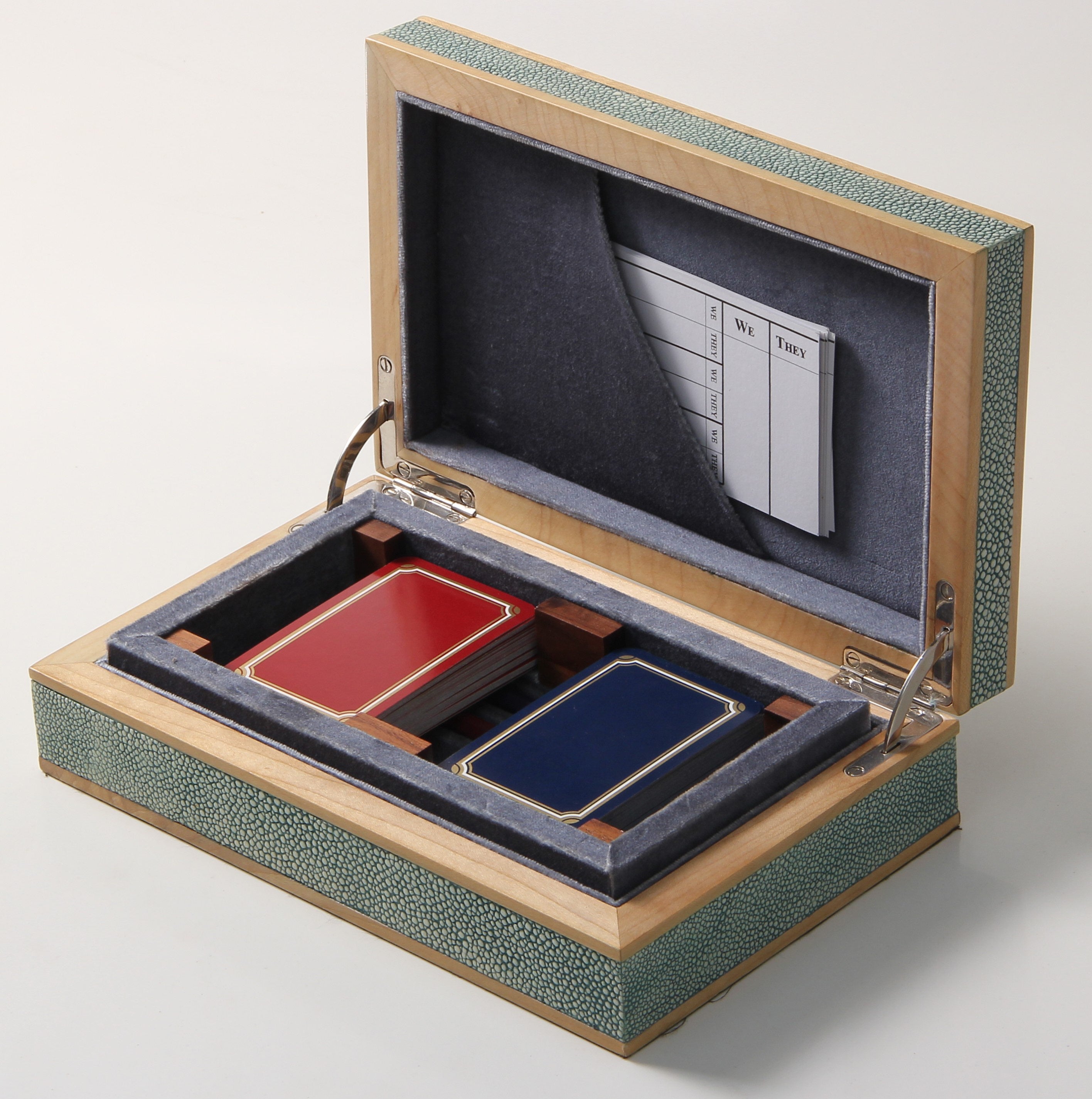 Faux shagreen bridge set in teal with sycamore trim, 24 x 15 x 7 cm, Forwood Design