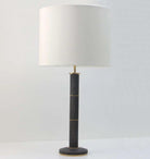 Column table lamp in seal brown faux shagreen by Forwood Design, 40 x 40 x 78 cm with cream drum shade