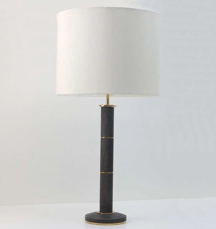 Column table lamp in seal brown faux shagreen by Forwood Design, 40 x 40 x 78 cm with cream drum shade
