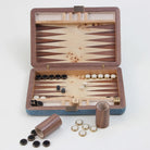 Blue faux shagreen travel backgammon set, 25.5 x 17 x 5 cm, open showing mappa burl playing surface