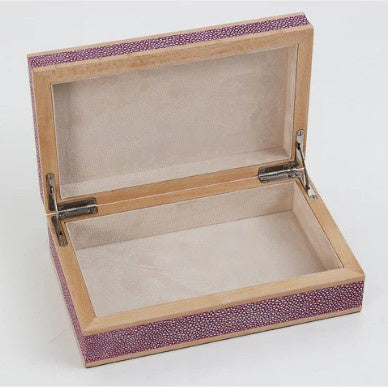 Pink faux shagreen treasure box by Forwood Design, open showing cream suede lining