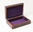 Seal brown faux shagreen treasure box by Forwood Design, open showing imperial purple suede lining