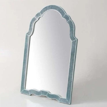 Faux shagreen vanity mirror in teal with walnut trim, 66 x 40 x 4 cm, adjustable angle, Forwood Design