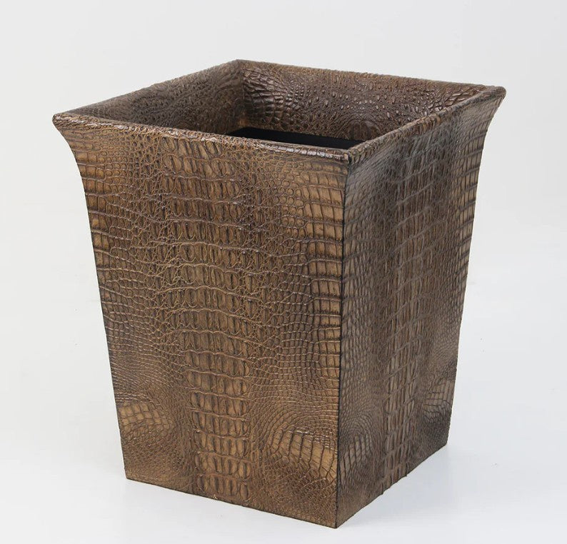 Faux crocodile waste paper bin in brown with taupe and gold, 23 x 23 x 27cm