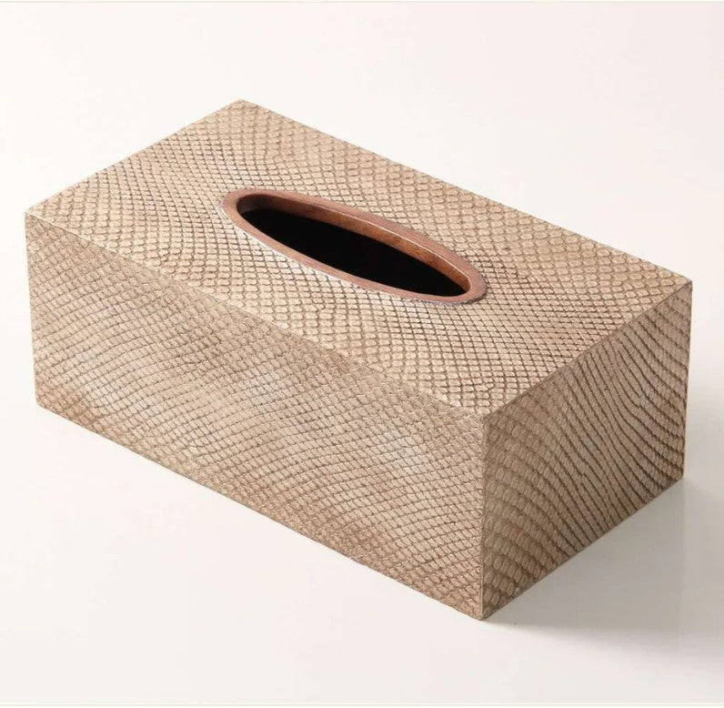 Forwood Design tissue box cover in antique silver faux boa leather with walnut trim