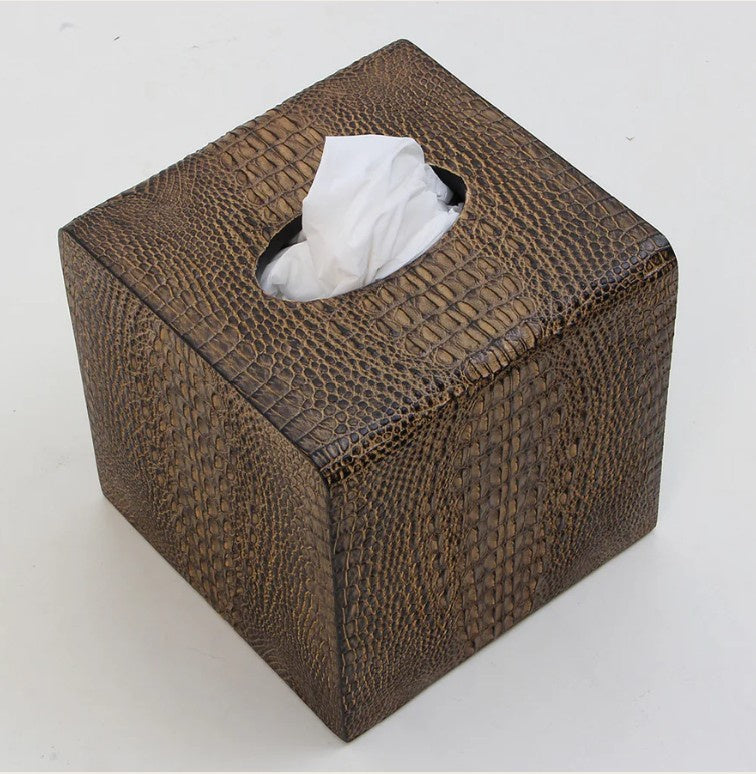 Forwood Design tissue box cover in faux crocodile finish, cube shape