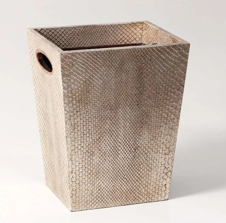 Antique silver faux boa waste bin, walnut trim, detail