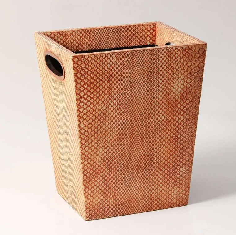 Boa faux skin waste paper bin in coral with walnut trim, 23 x 23 x 27cm