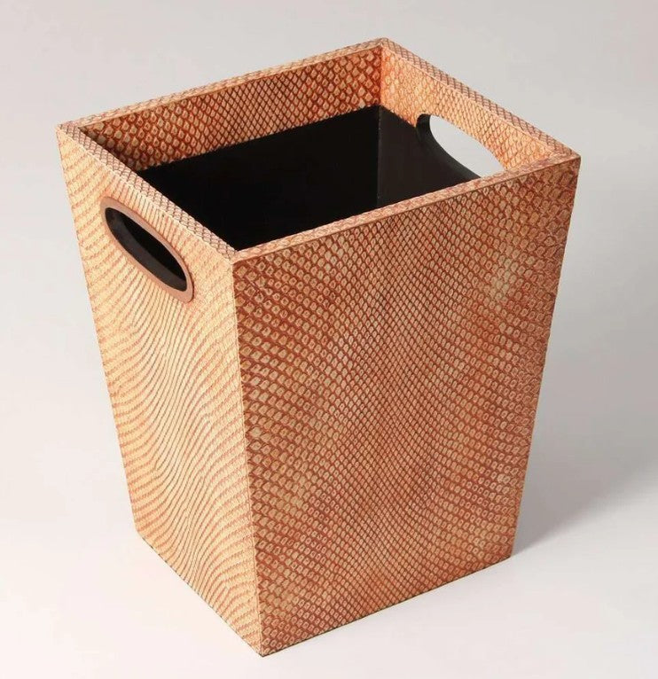 Coral faux boa waste bin, walnut trim, styled