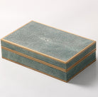 Teal faux shagreen bridge set by Forwood Design, open showing suede lining and card game contents