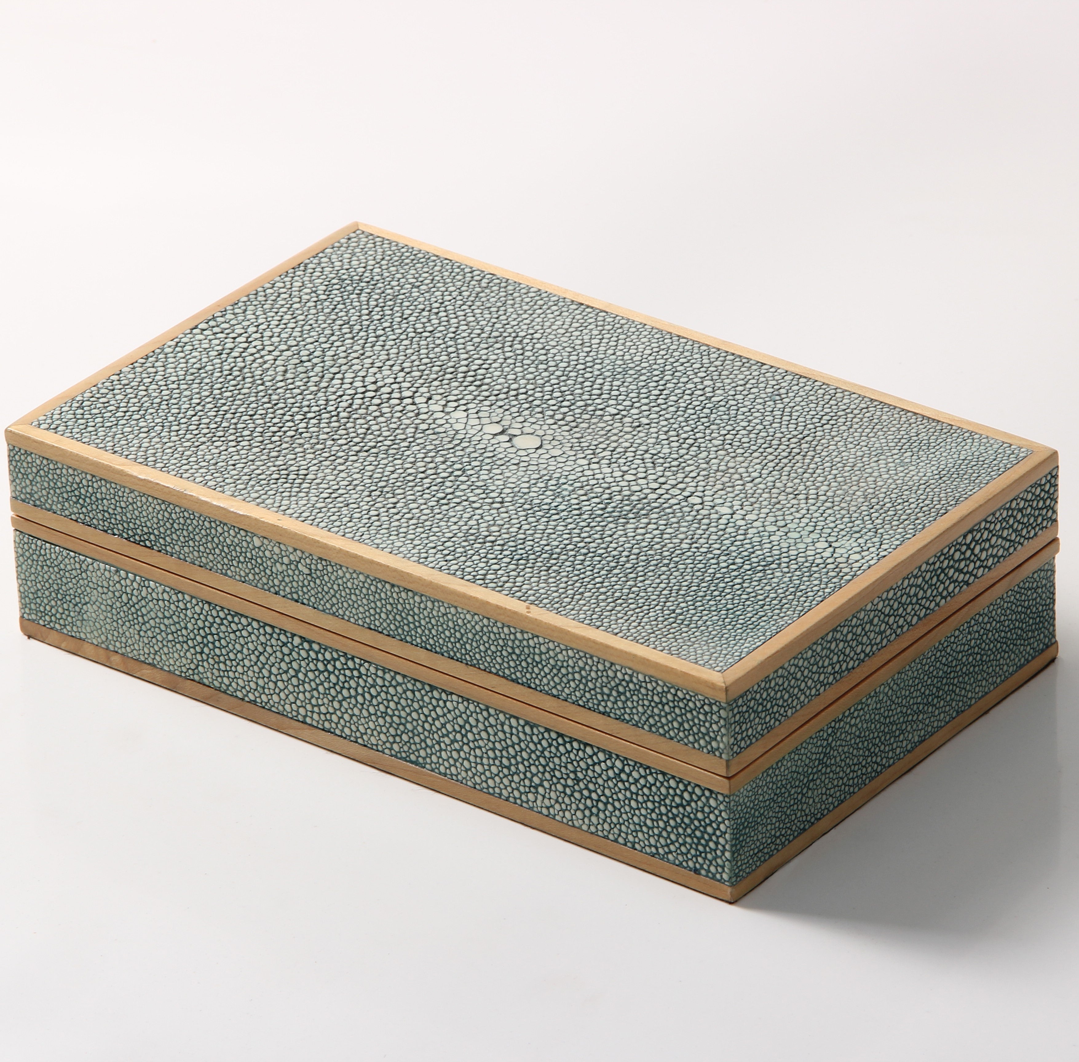 Teal faux shagreen bridge set by Forwood Design, open showing suede lining and card game contents
