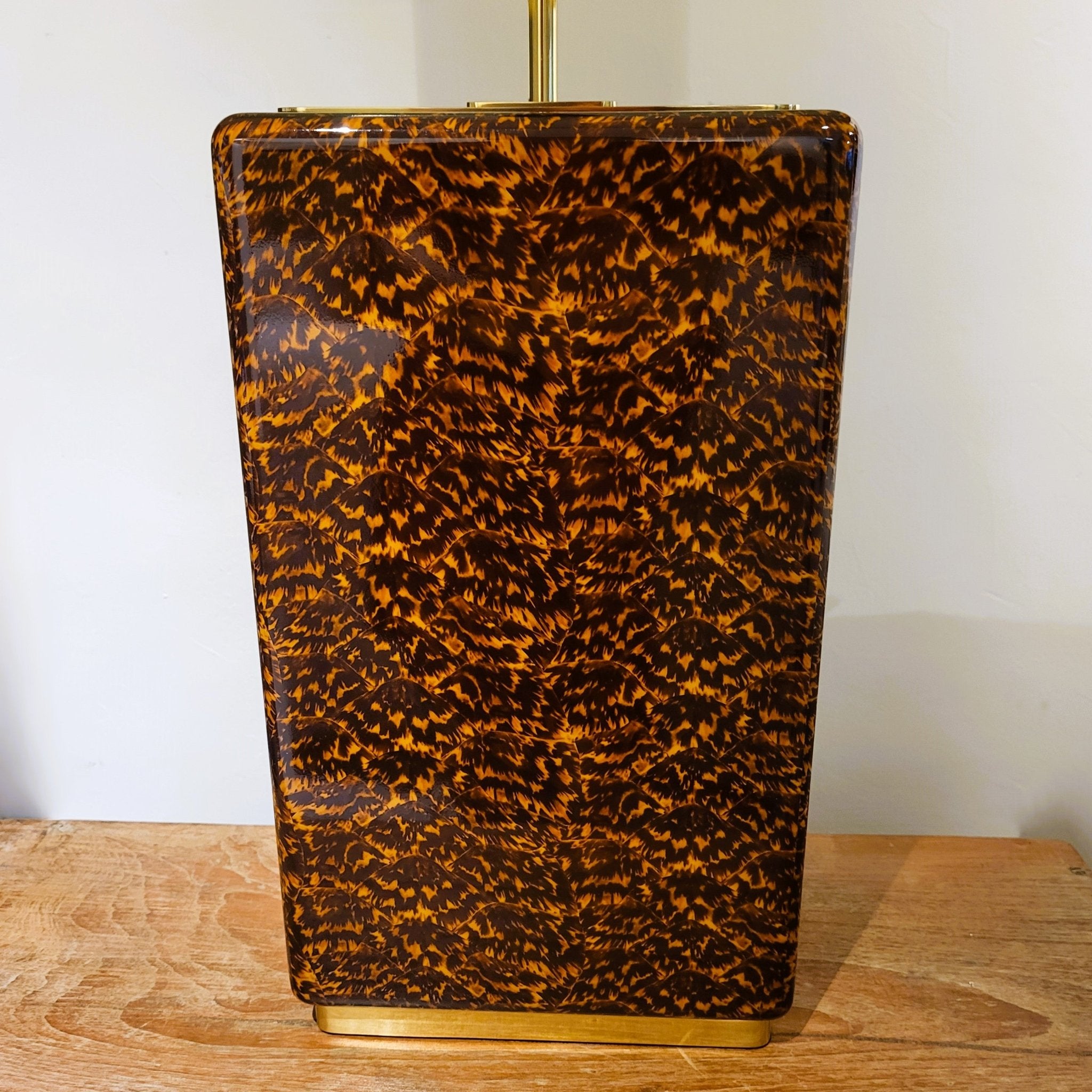 Tall faux tortoise shell table lamp by Forwood Design, 24 x 83 cm with shade, front view