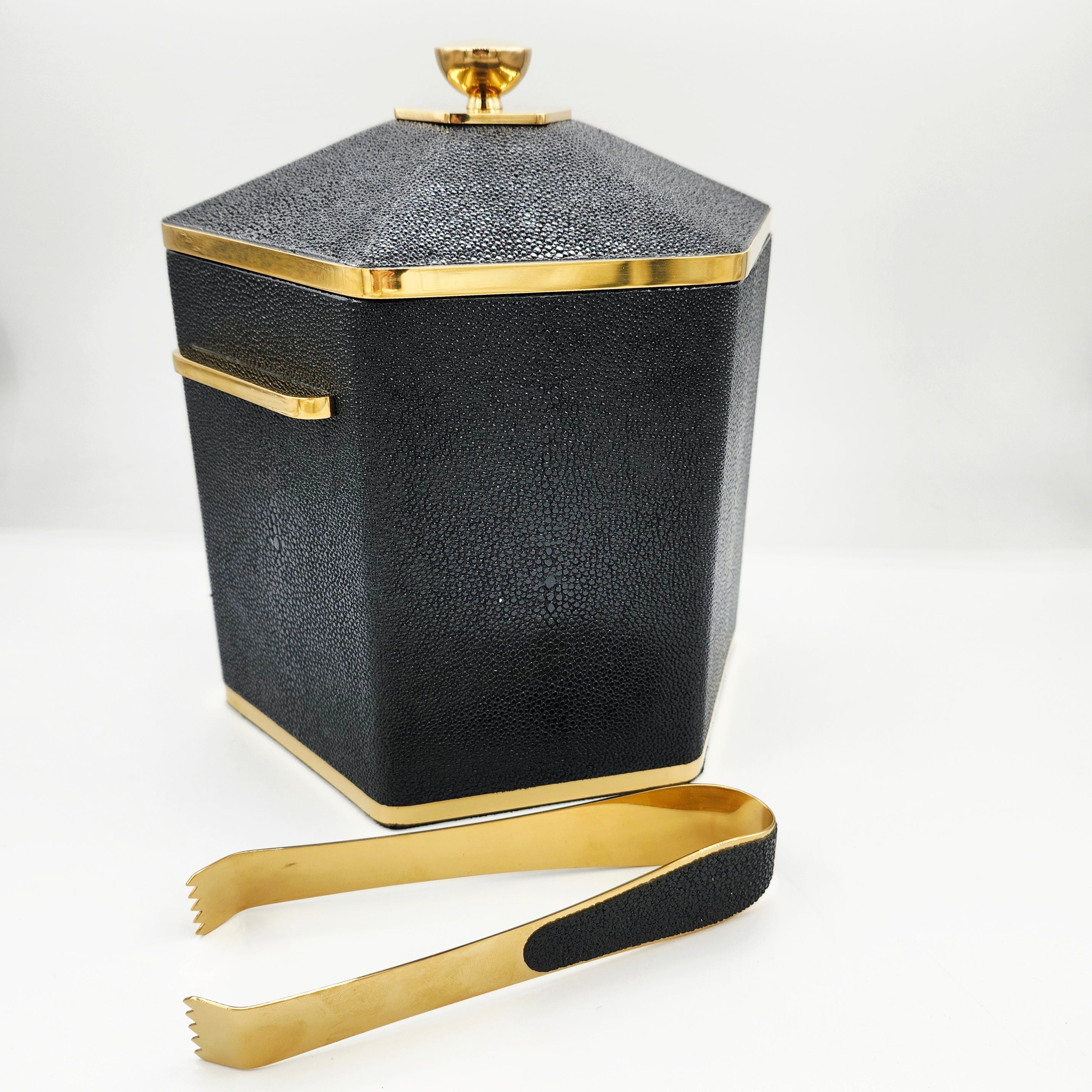 Otis ice bucket in caviar black faux shagreen by Forwood Design, 18 x 20 x 21 cm, double-lined stainless steel