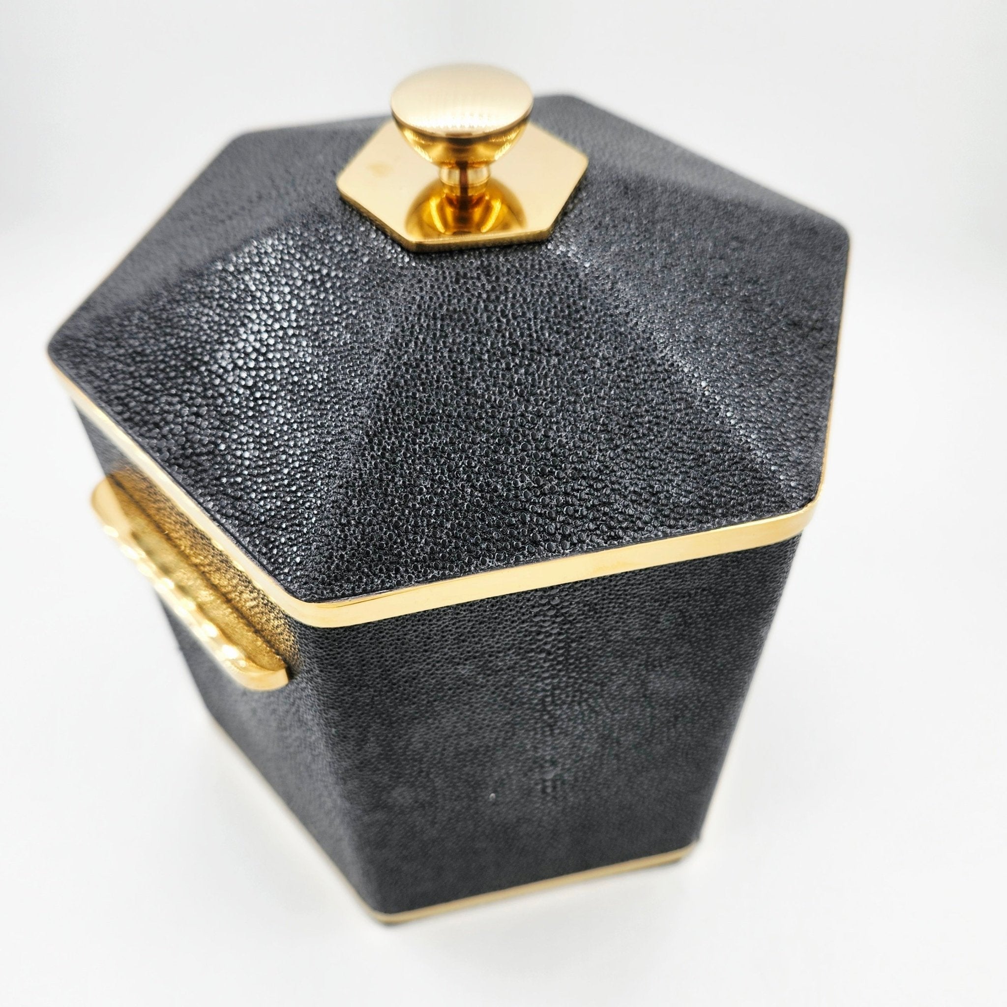 Caviar black faux shagreen Otis ice bucket by Forwood Design, styled with bar accessories