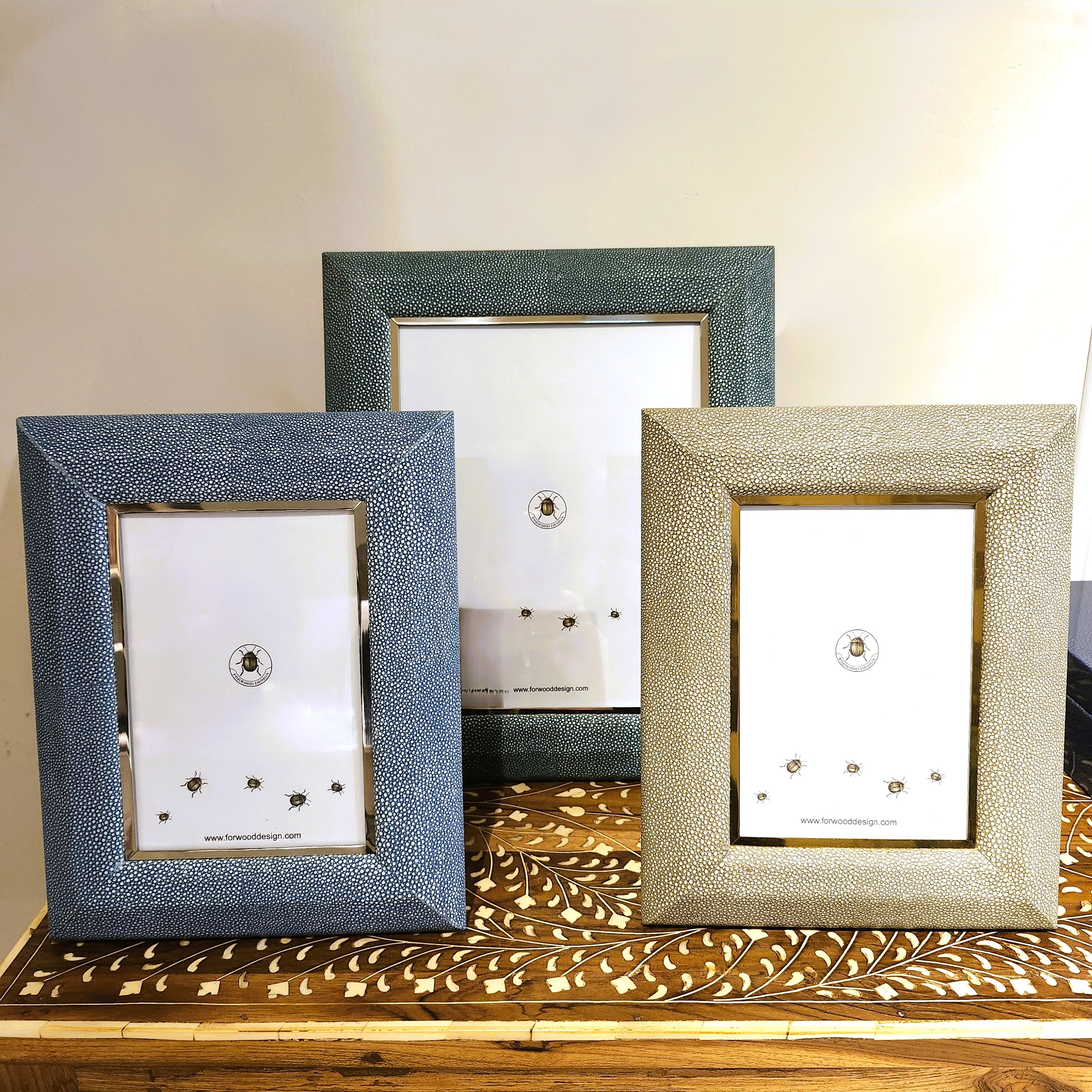 Teal faux shagreen Bella photo frame, 5 x 7 or 8 x 10 inch, open showing landscape format