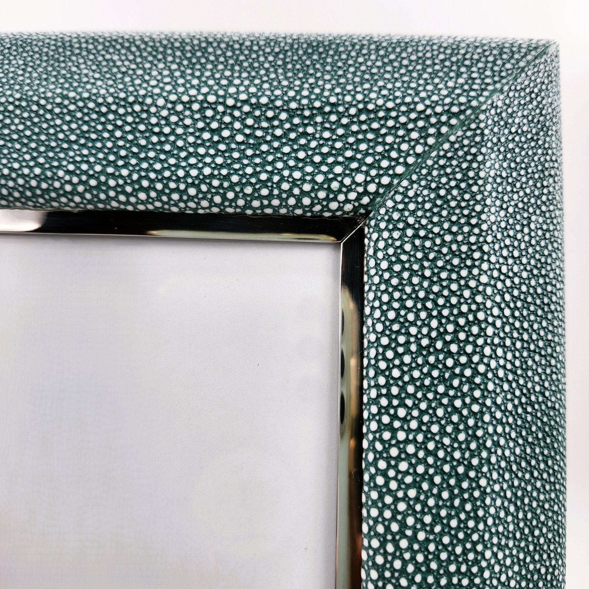 Teal faux shagreen Bella photo frame by Forwood Design, polished walnut back, styled view