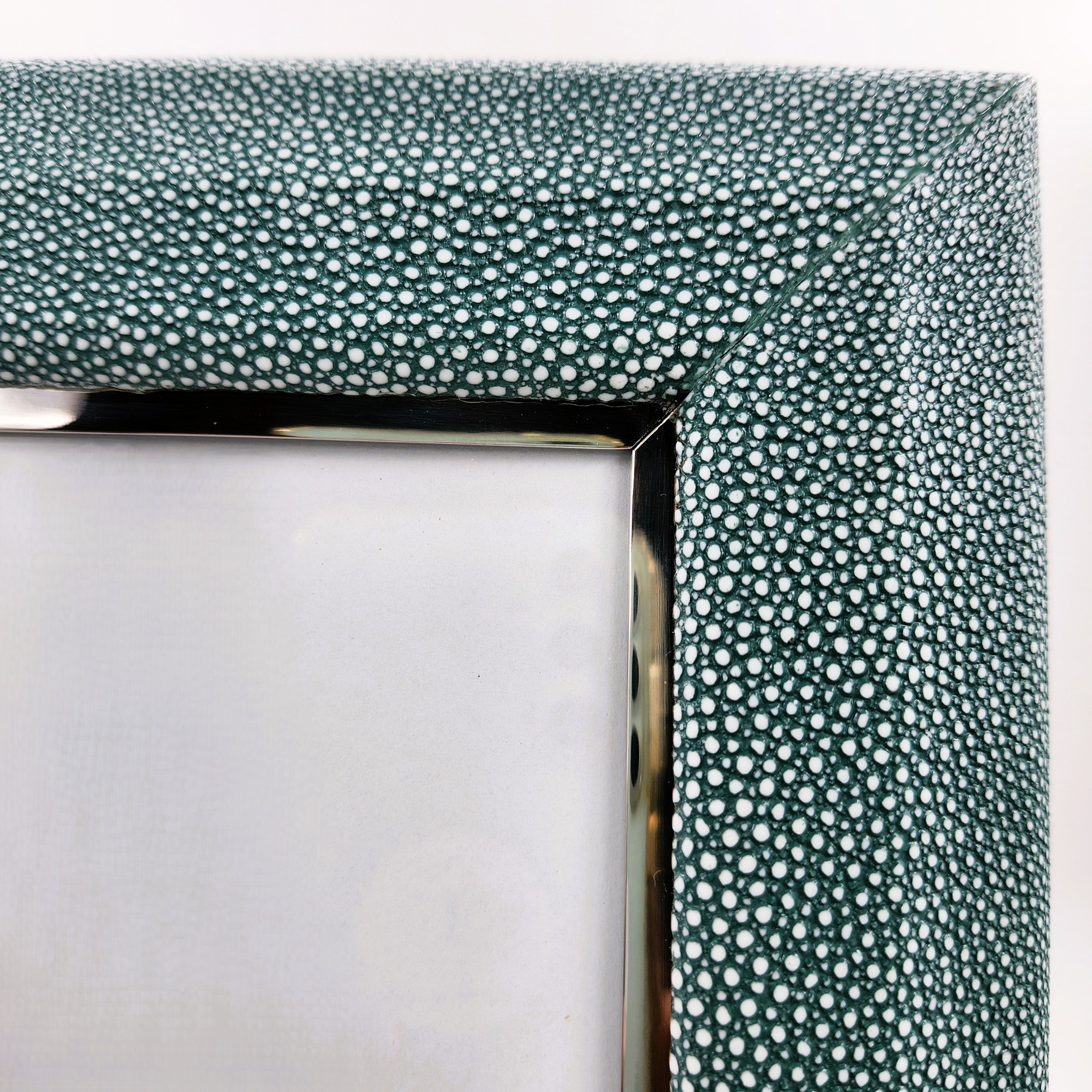 Teal faux shagreen Bella photo frame by Forwood Design, polished walnut back, styled view