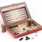 Orange faux shagreen travel backgammon set, 25.5 x 17 x 5 cm, open showing playing surface