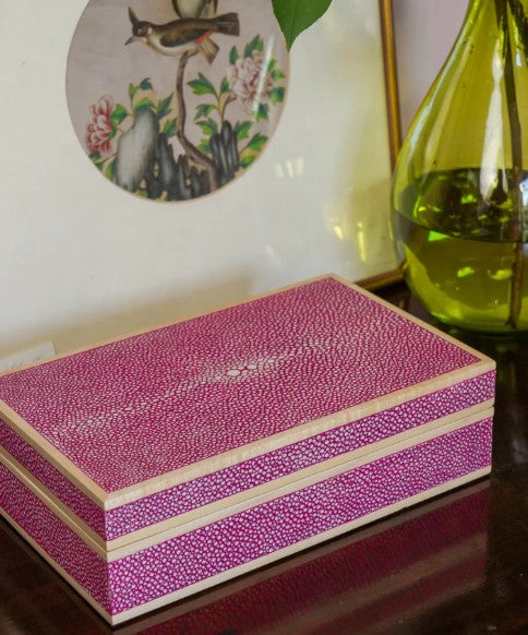 Pink faux shagreen treasure box by Forwood Design, 23.5 x 14.5 x 7 cm, angled view