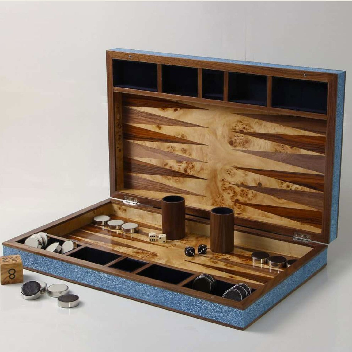 Duke blue faux shagreen backgammon board by Forwood Design, 54 x 34 x 8 cm, open view