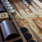 Black faux shagreen backgammon board, 54 x 34 x 8 cm, open showing midnight blue velvet storage