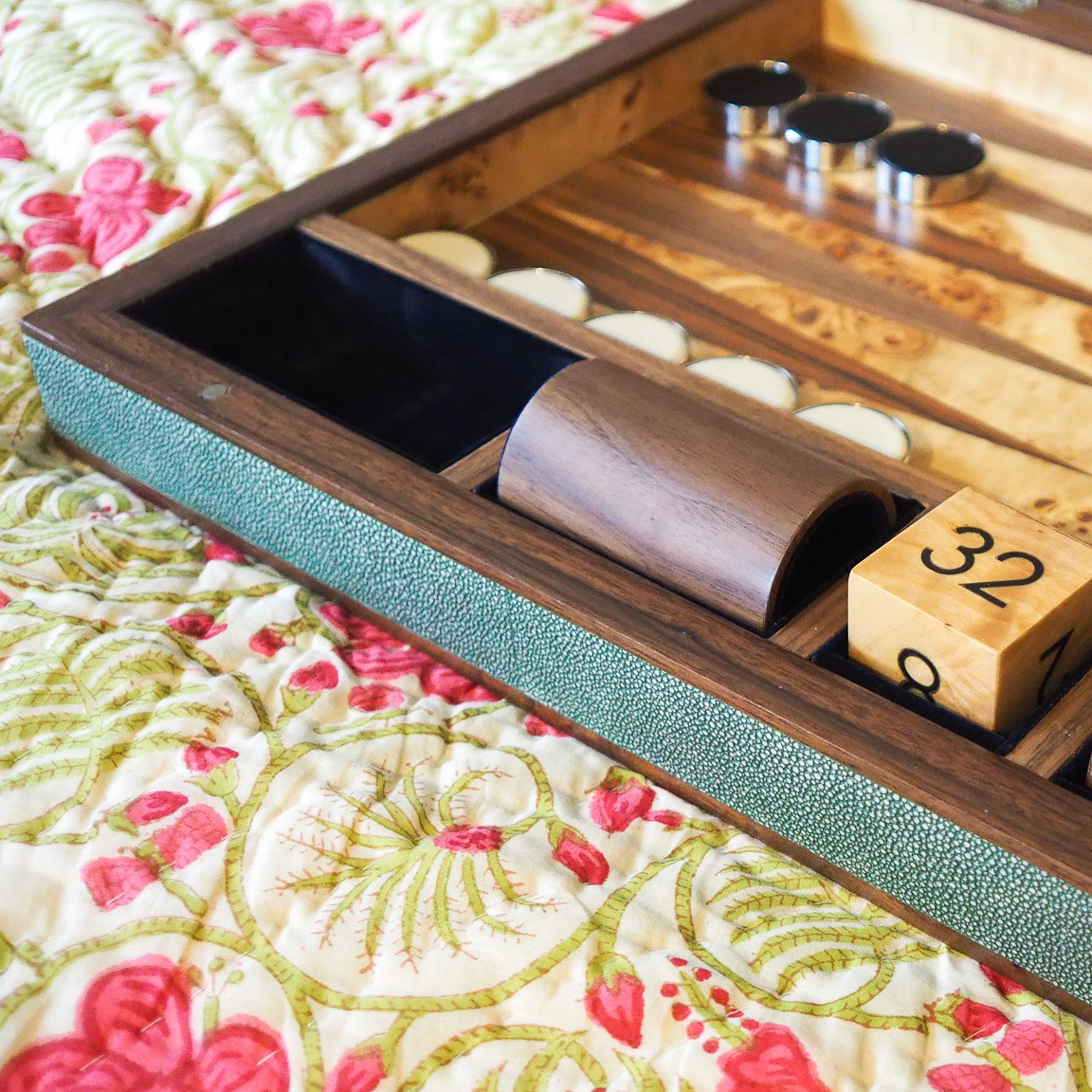 Lincoln green faux shagreen backgammon board by Forwood Design, detail of playing surface