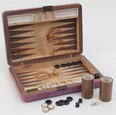 Pink faux shagreen travel backgammon set by Forwood Design, 25.5 x 17 x 5 cm, open view