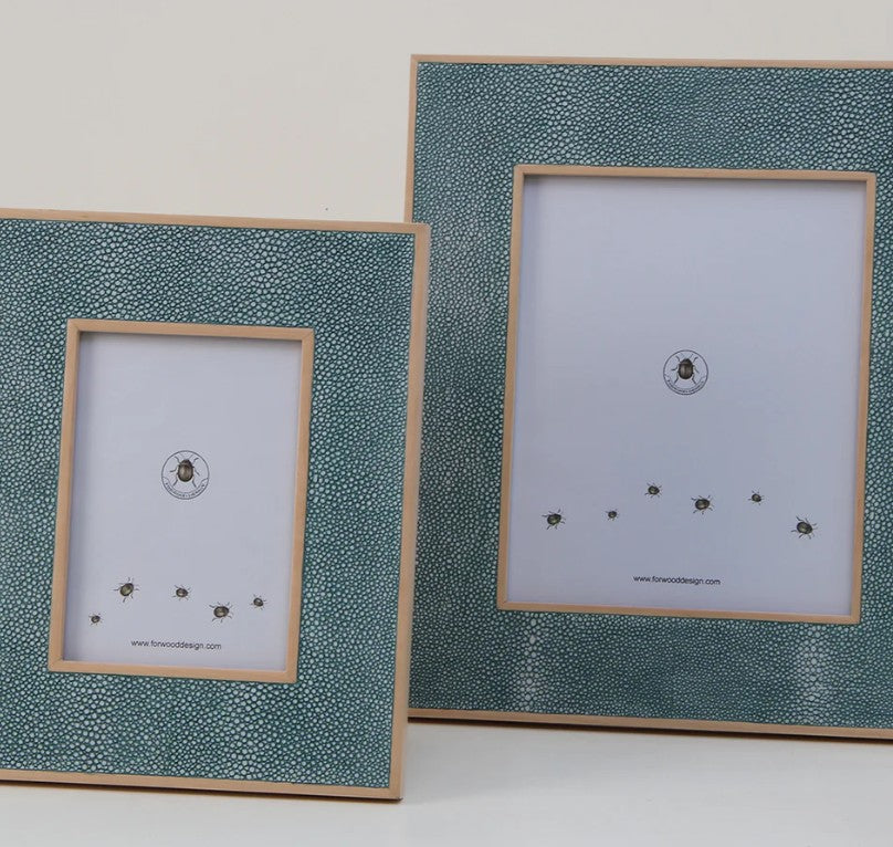 Classic photo frame pair in teal faux shagreen, 5 x 7 and 8 x 10 inch, polished sycamore, Forwood Design