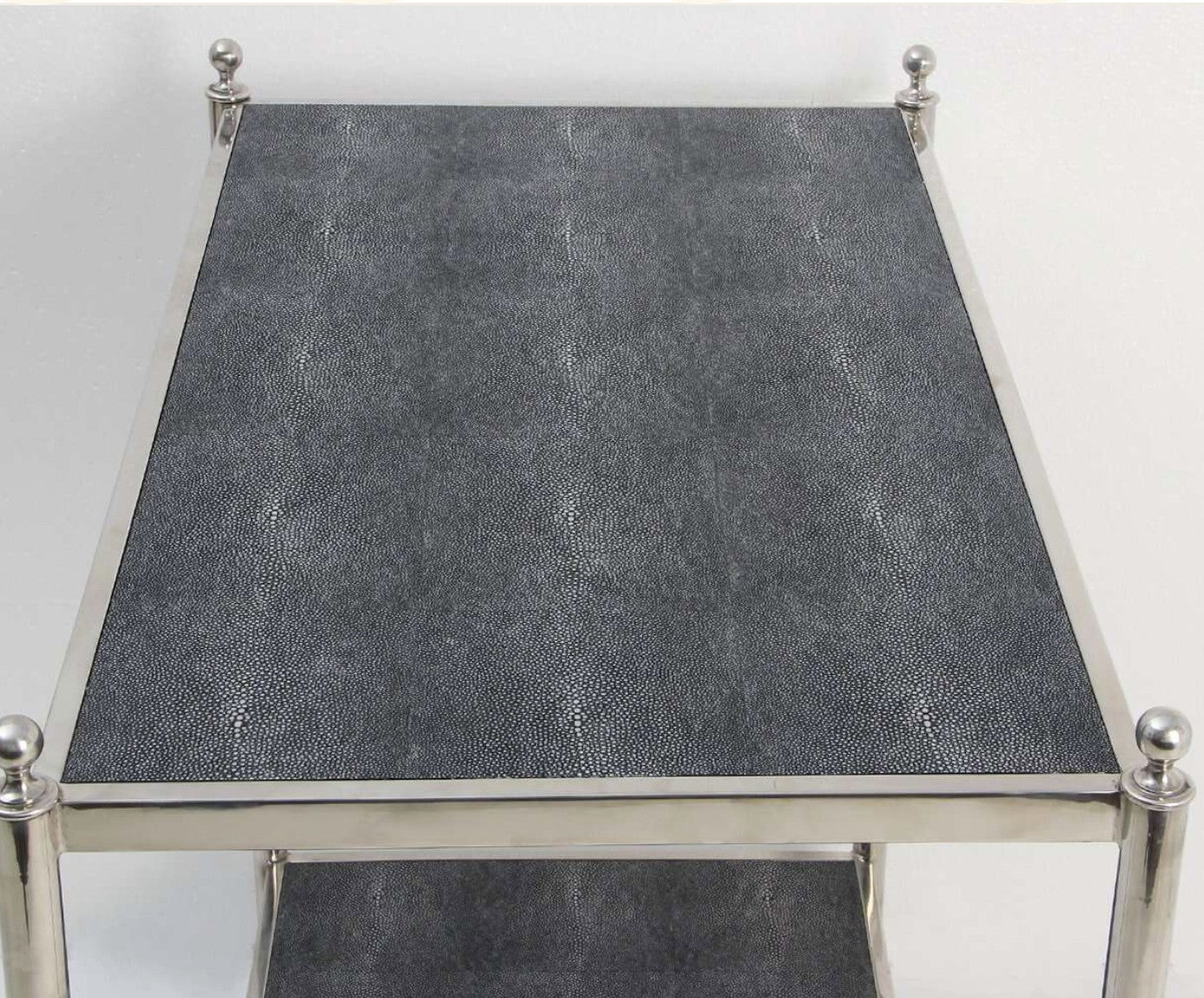 Charcoal faux shagreen Cliveden drinks trolley by Forwood Design, styled with bar accessories