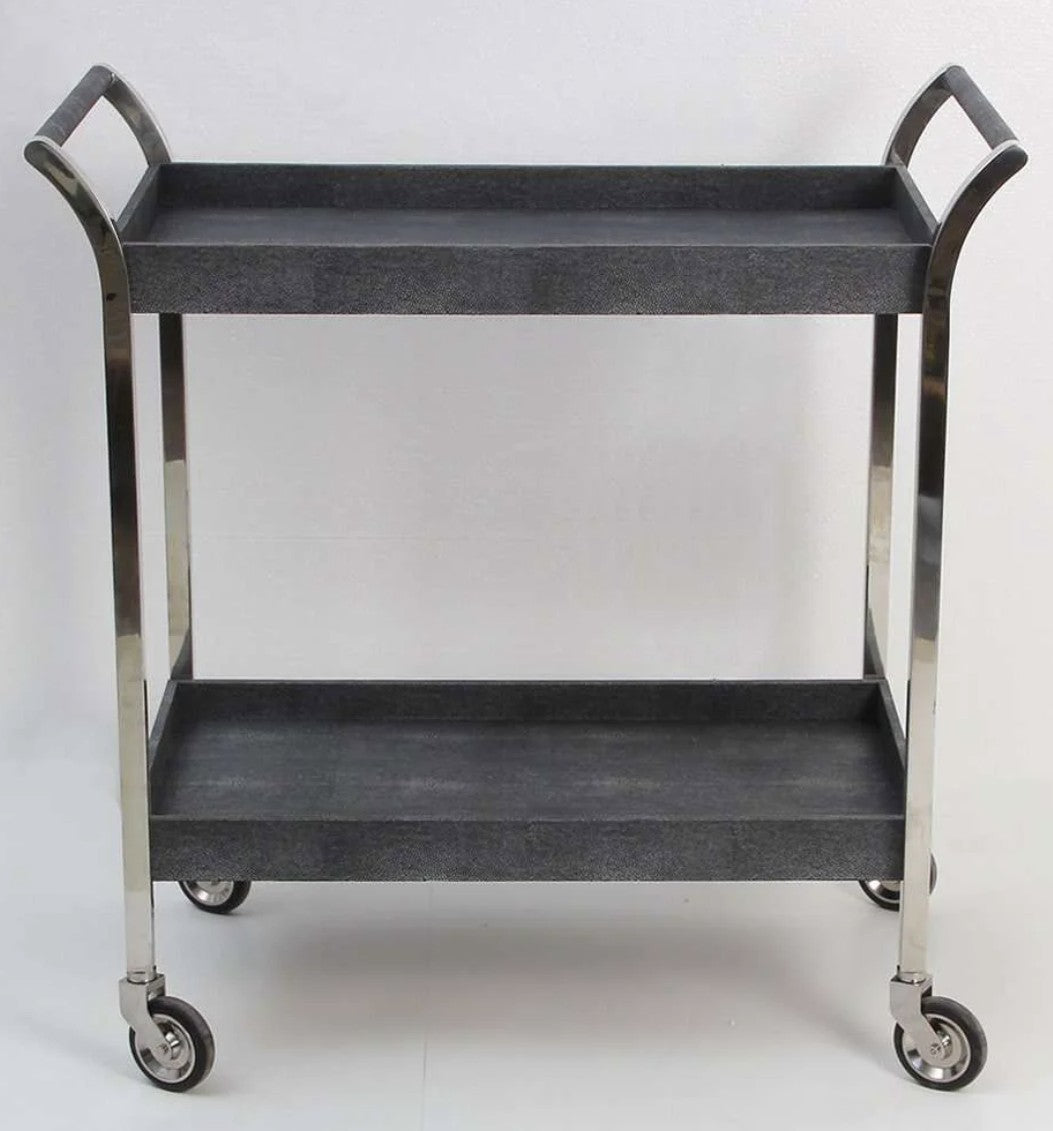 Woodstock drinks trolley in charcoal faux shagreen by Forwood Design, full view with handles