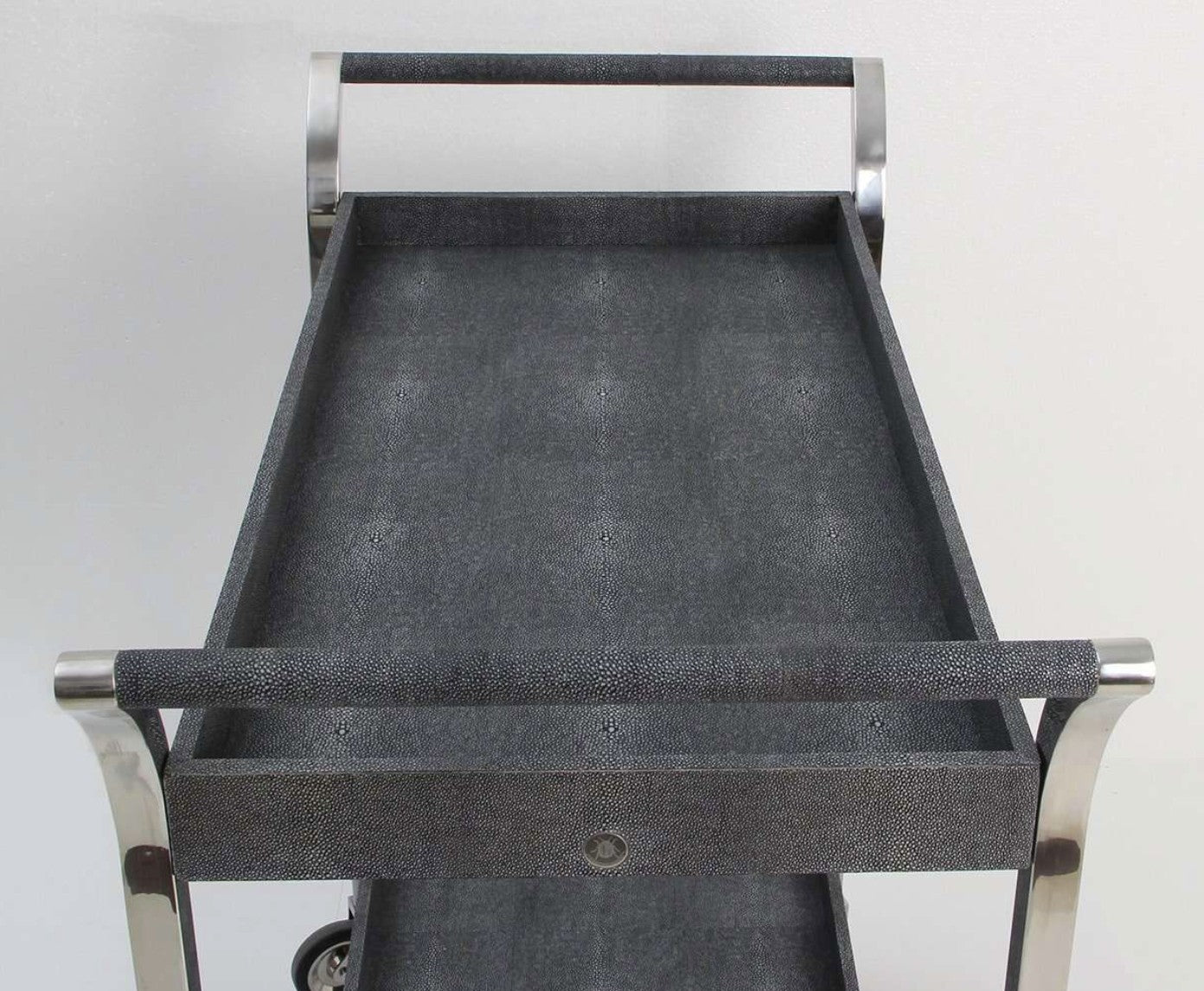 Charcoal faux shagreen Woodstock bar cart, 87 x 45 x 90 cm, styled with bar accessories