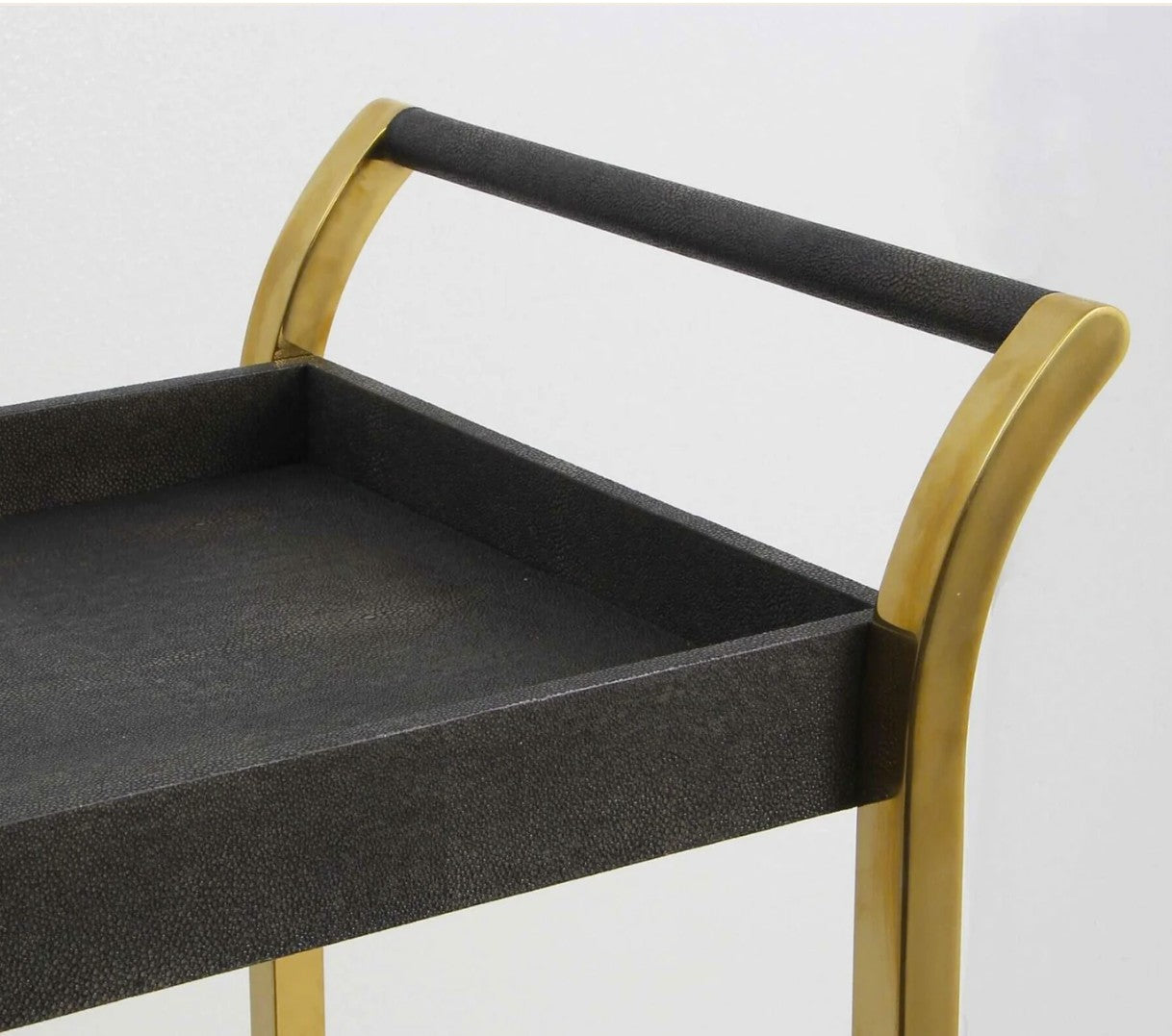 Seal brown faux shagreen Woodstock bar cart by Forwood Design, styled with bar accessories