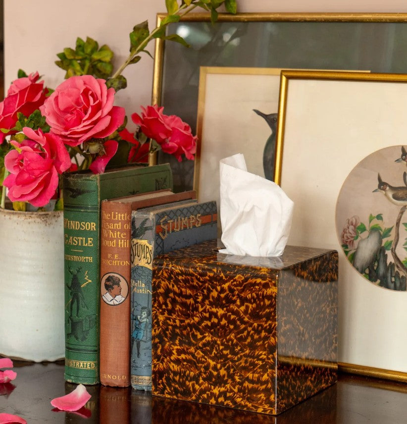 Forwood Design tissue box cover in faux tortoiseshell finish, cube shape