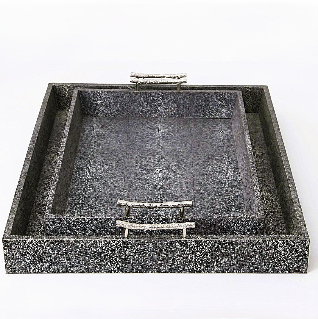 Rectangular serving tray in charcoal faux shagreen, stainless steel jungle twig handles, Forwood Design