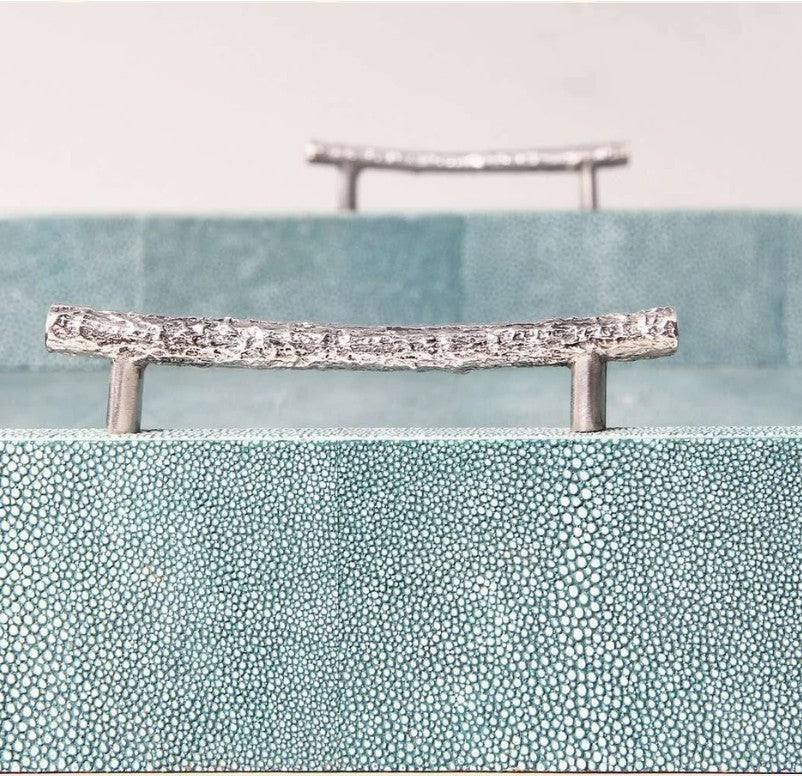 Rectangular serving tray in teal faux shagreen, stainless steel jungle twig handles, Forwood Design