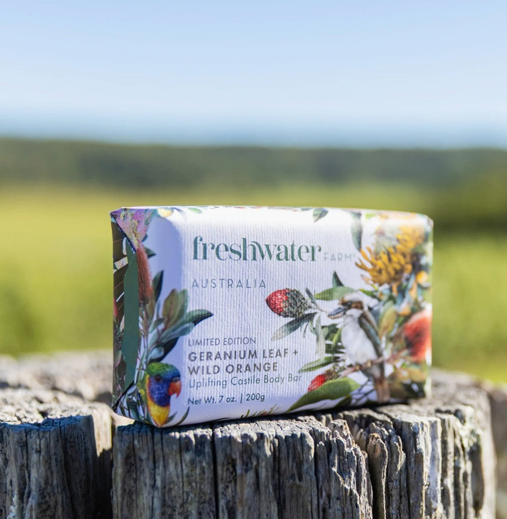 Geranium Leaf and Wild Orange body bar by Freshwater Farm, 200g French triple milled soap