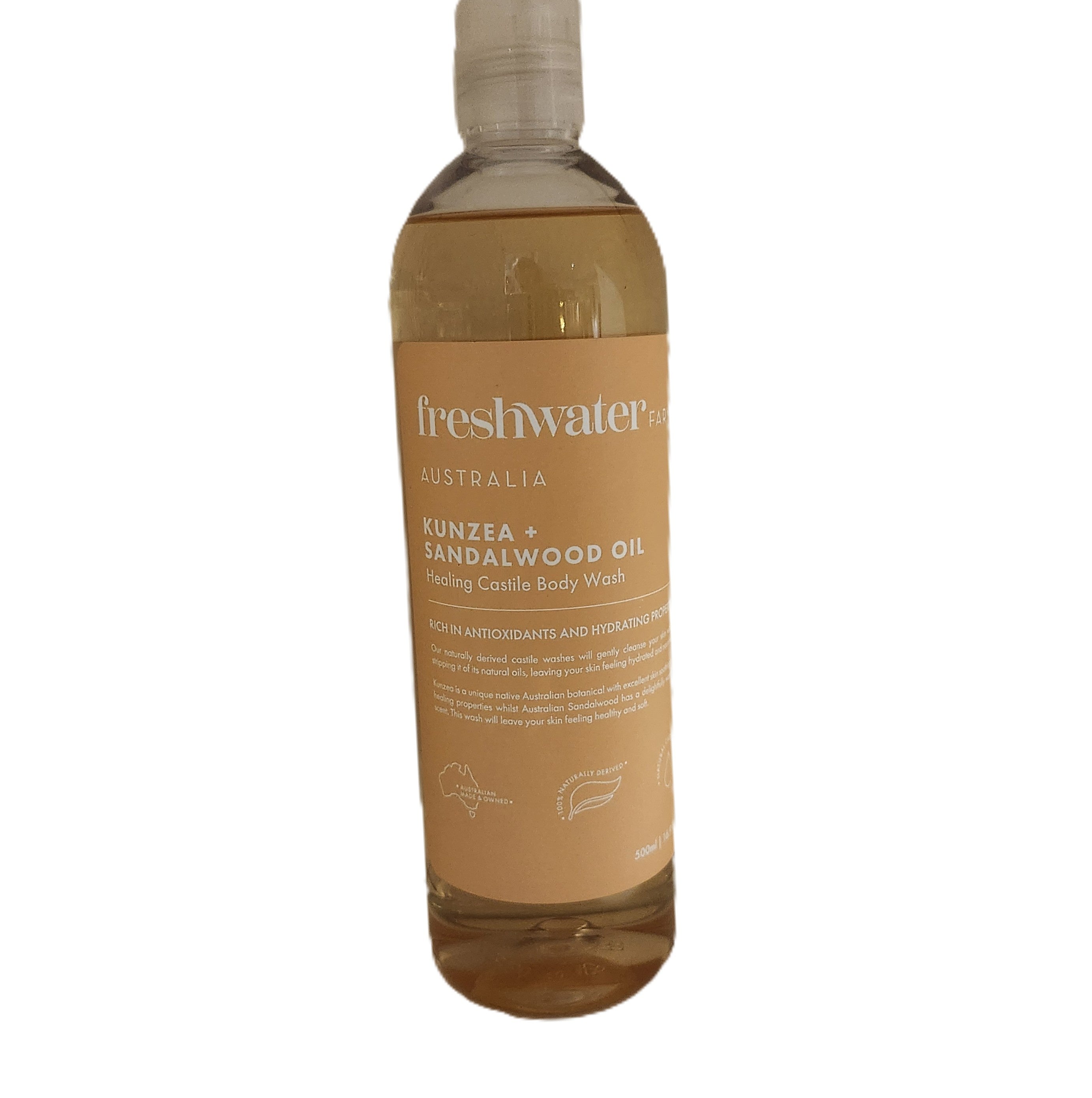 Kunzea and Sandalwood body wash, 500ml, naturally derived castile wash, vegan, made in Australia