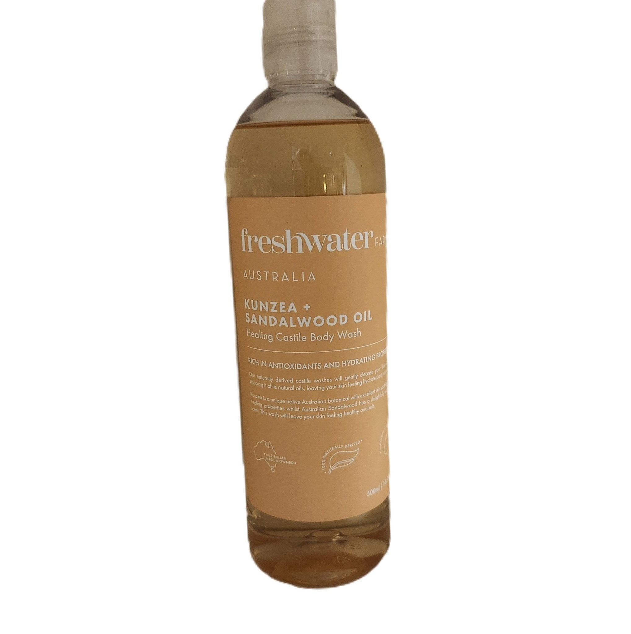 Kunzea and Sandalwood body wash, 500ml, naturally derived castile wash, vegan, made in Australia